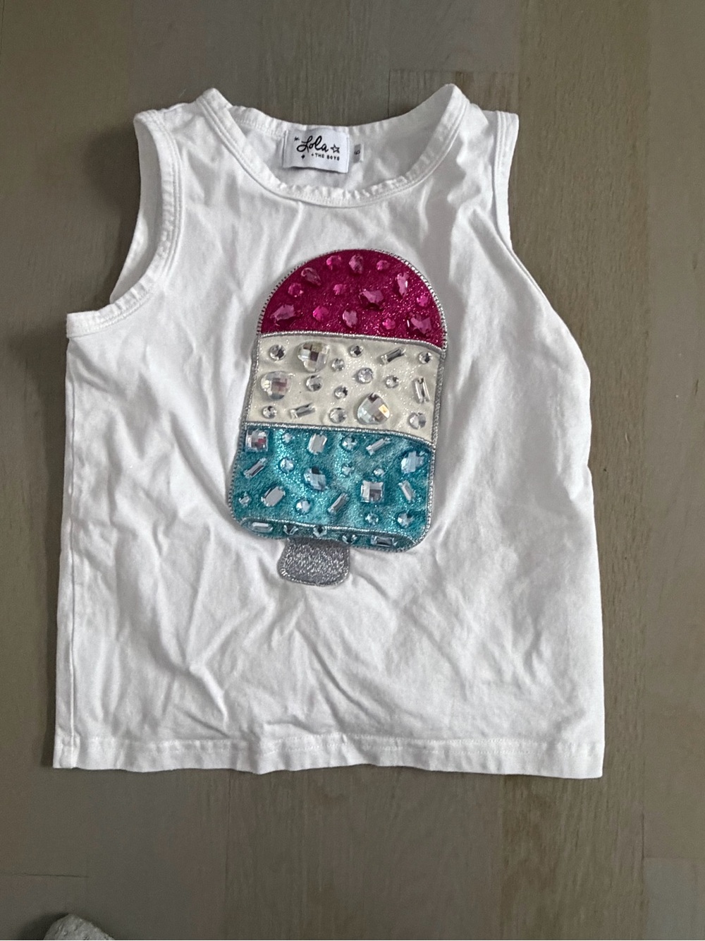 Lola + The Boys White Tank with Pink, White, and Aqua Jeweled Popsicle